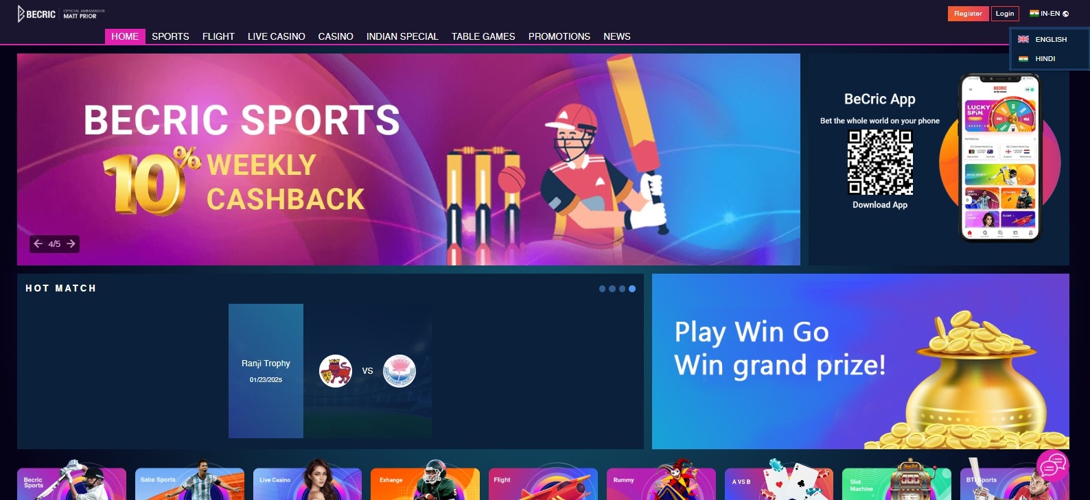 Becric casino India main page